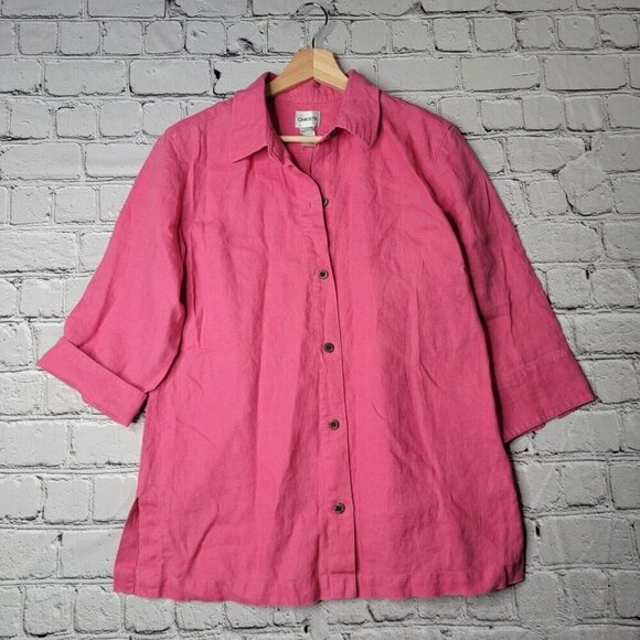 Vintage Chico's 100% Linen Pink Half Sleeve Button Up Collared Blouse Size 1 - Picture 1 of 9